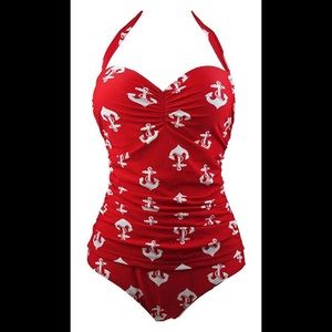 Retro One Piece red/white Anchors Swimsuit